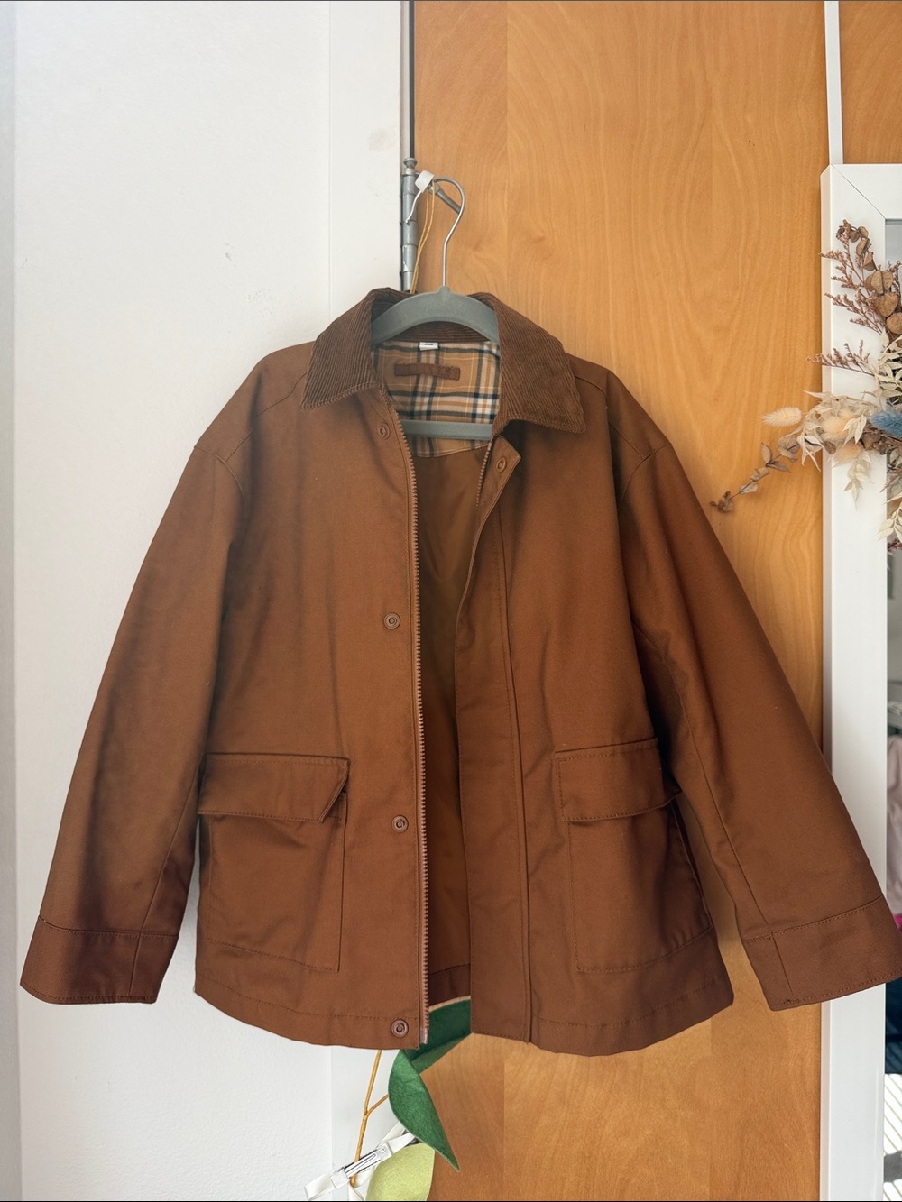 Uniqlo Kids Brown Canvas Jacket with Corduroy Collar, plaid lining